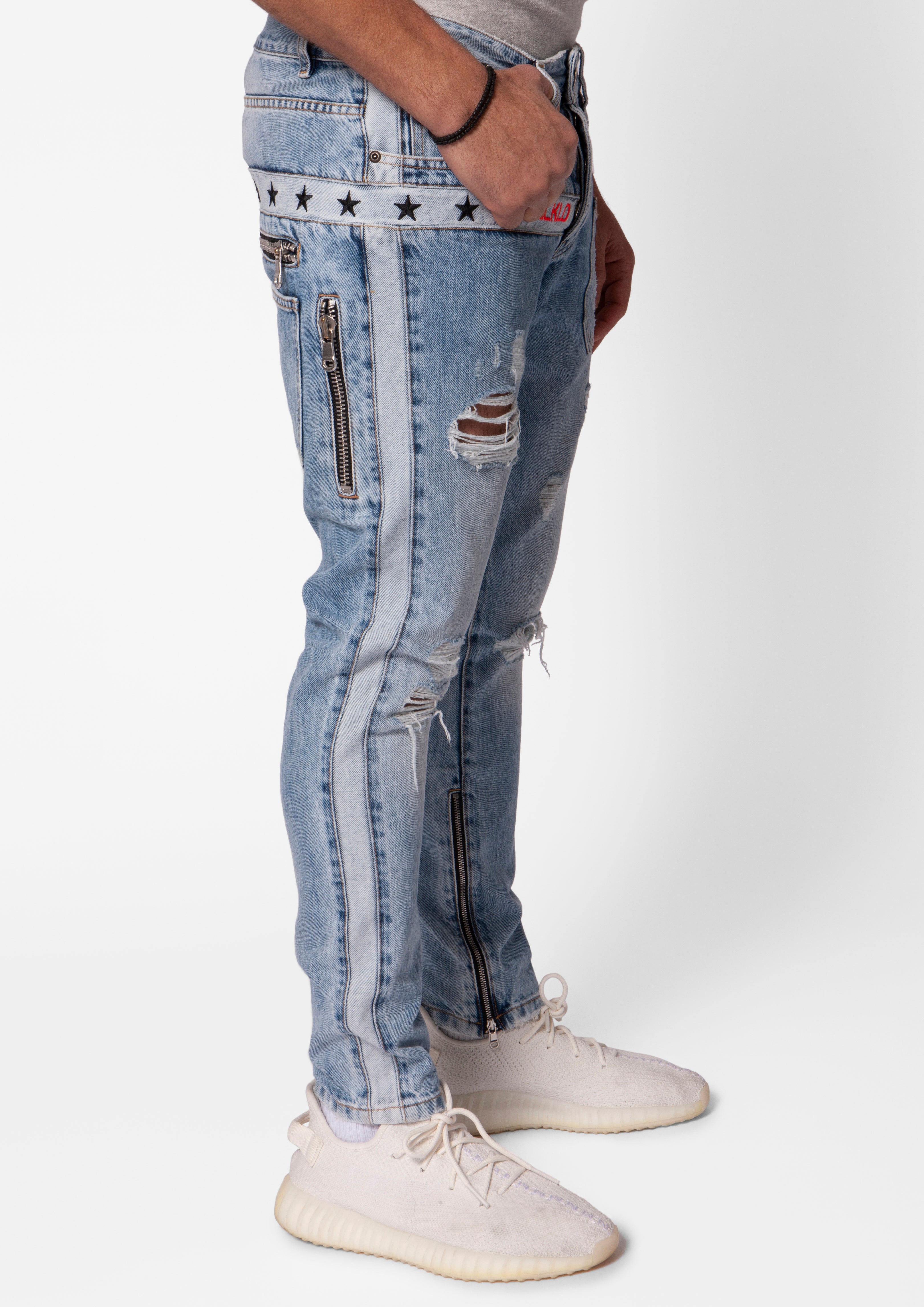 Blue Stone Washed Distressed Slim Fit Jeans